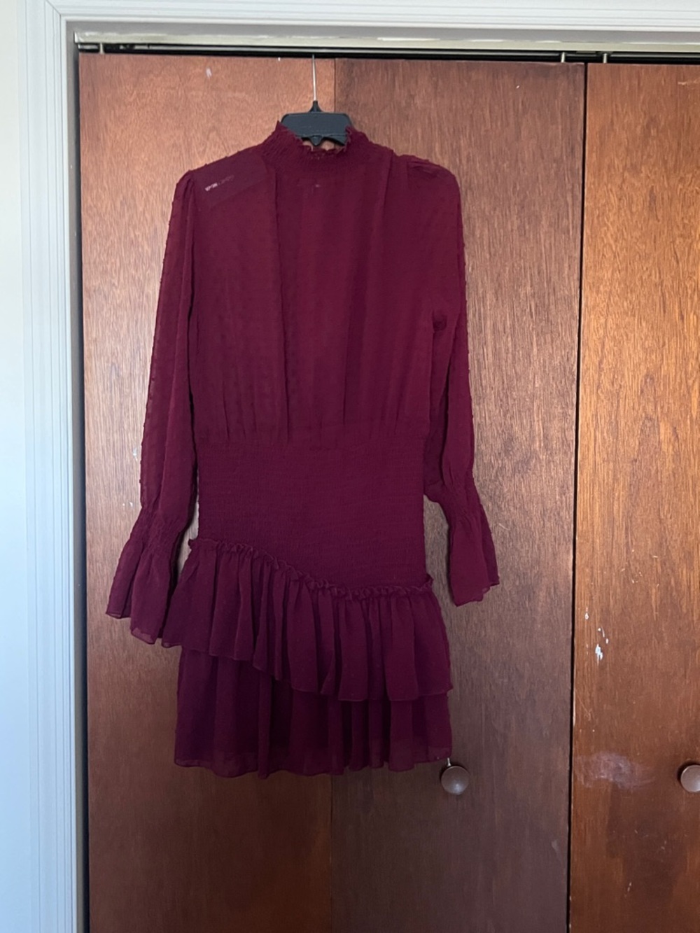 Fashion Nova Burgundy Asymmetrical Ruffle Long-Sleeve Dress